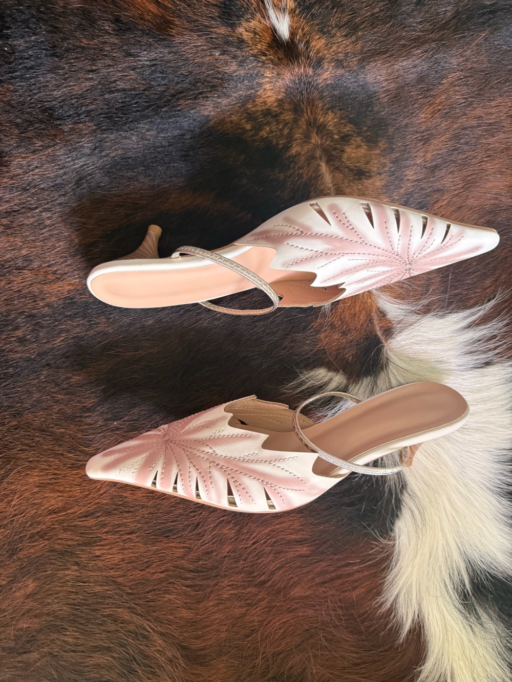 Pointed Toe Cream and Pink Floral-Embroidered Slip-On Mules with Metallic Strap - Picture 2 of 6